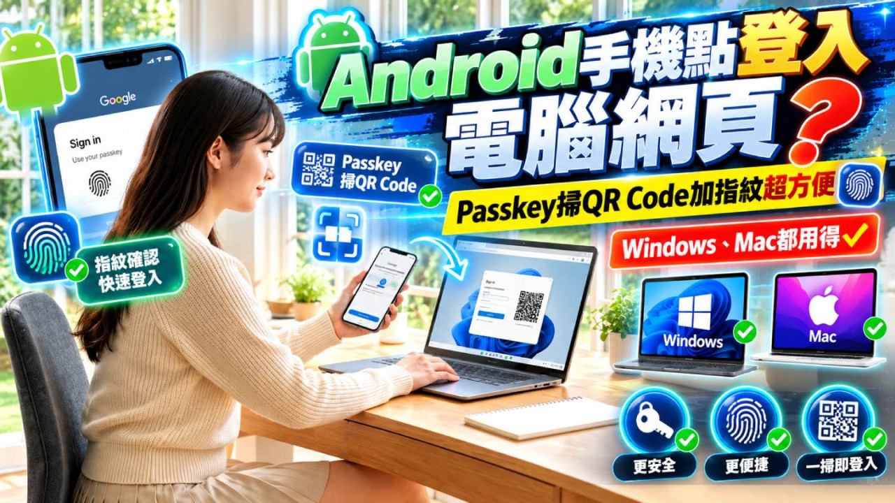 Android手機點登入電腦網頁？Passkey掃QR Code加指紋超方便　Windows、Mac都用得