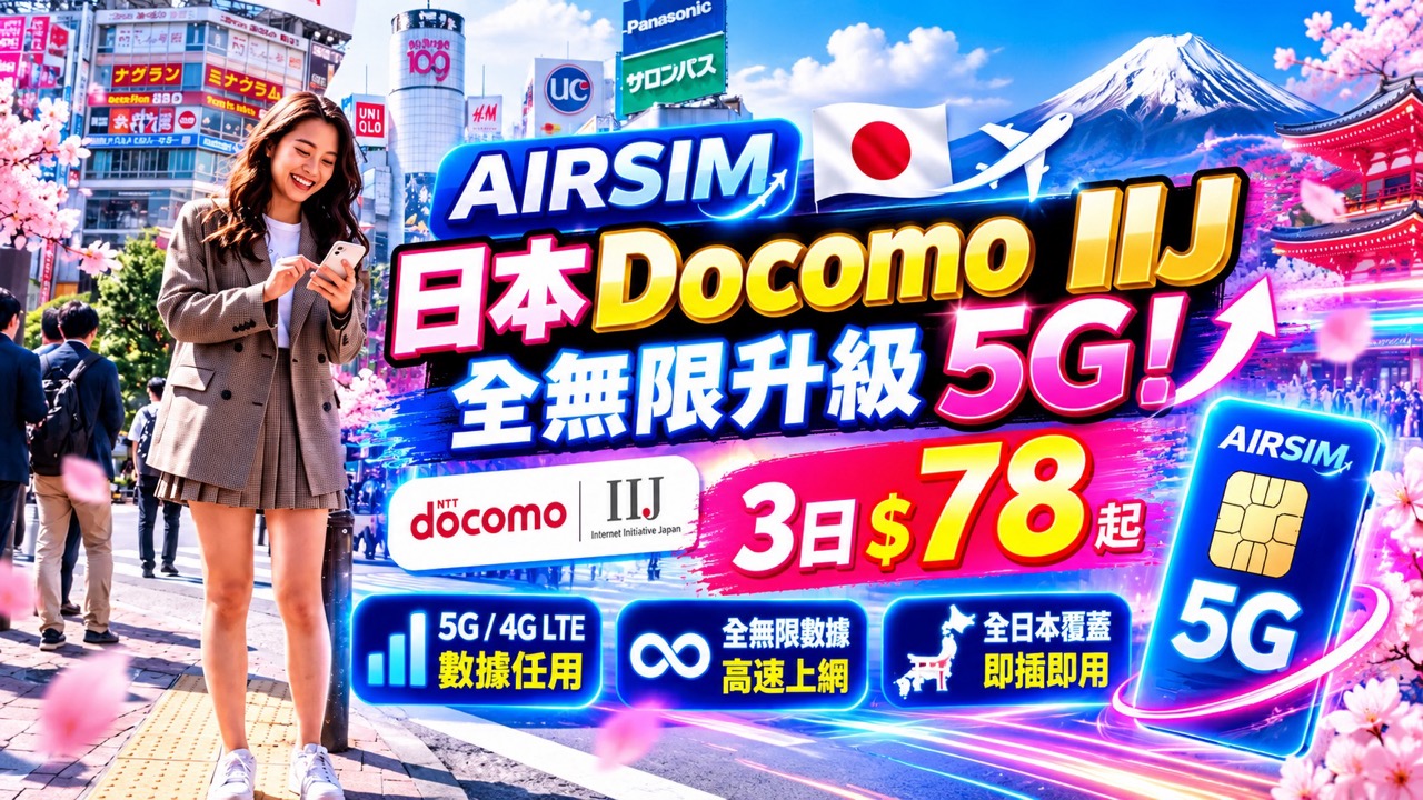AIRSIM日本Docomo IIJ全無限升級5G!3日$78起 5G/4G LTE數據任用
