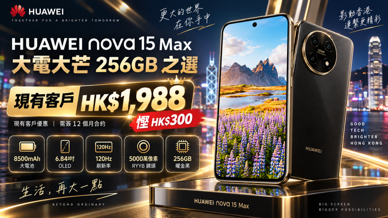 HUAWEI 8500mAh大電手機劈價！nova 15 Max 二千蚊有找　6.84吋OLED大屏幕