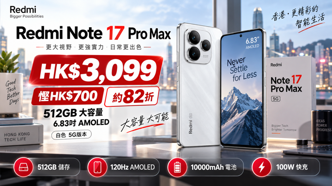 大容量大Mon手機劈價！512GB 小米 Redmi Note 17 Pro Max 82折！