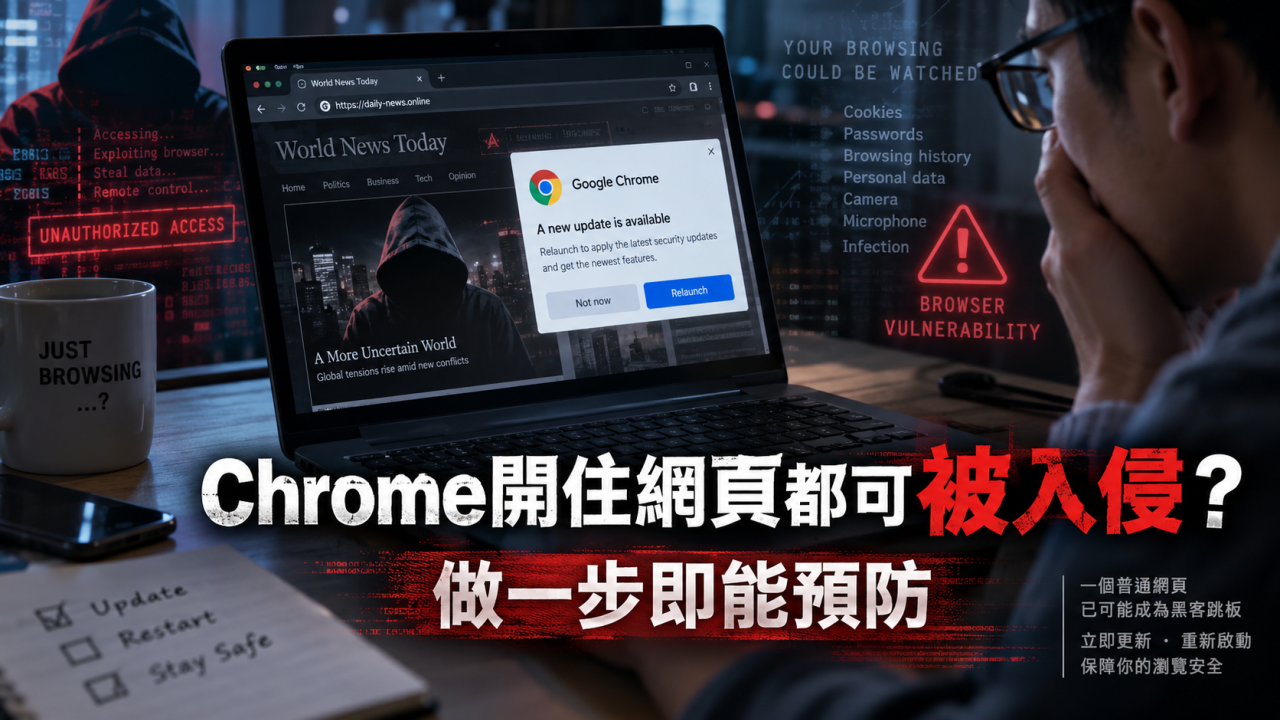 安全公司揭Chrome開住網頁 就有機會被黑客入侵！做一步即能預防！