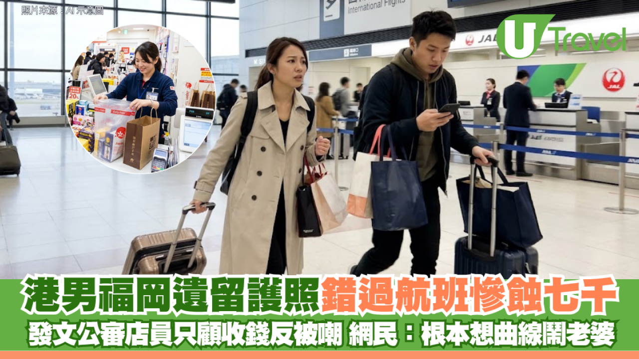 港男福岡遺留護照錯過航班慘蝕七千 發文公審店員只顧收錢反被嘲 網民：根本想曲線鬧老婆！
