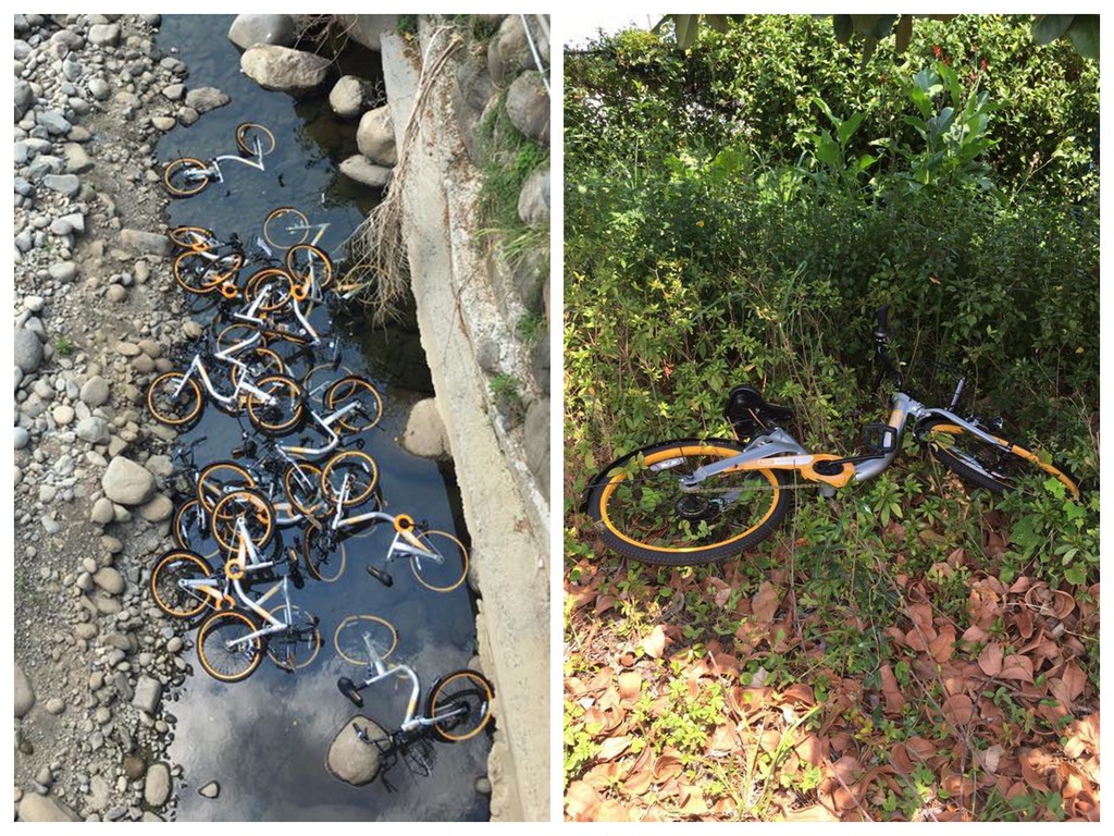 台灣 oBike 共享單車遭棄置溪流