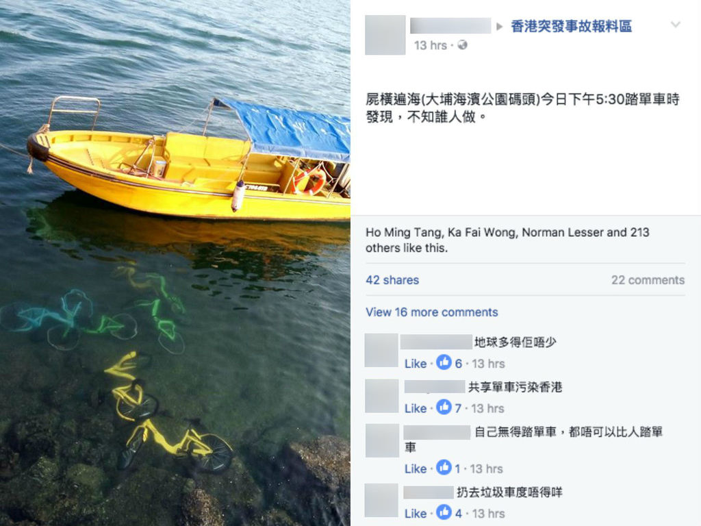 大埔海濱公園碼頭驚見共享單車「浮屍」！網民：香港人質素 ...