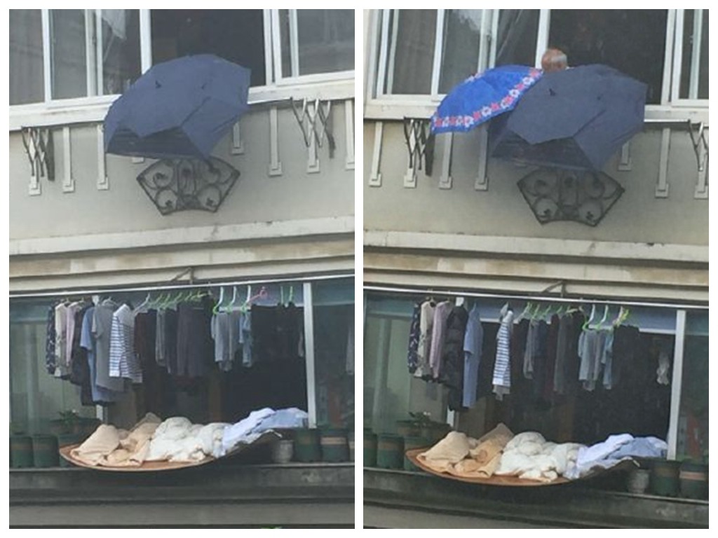 落大雨未及收衫！鄰居撐傘緊急救援