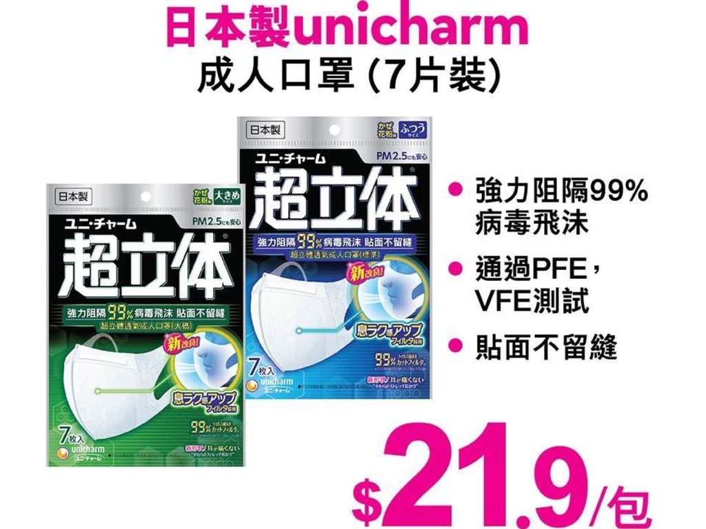 【口罩售賣】莎莎今日開賣 Unicharm 超立體透氣成人口罩  早上 10 時半開始派籌