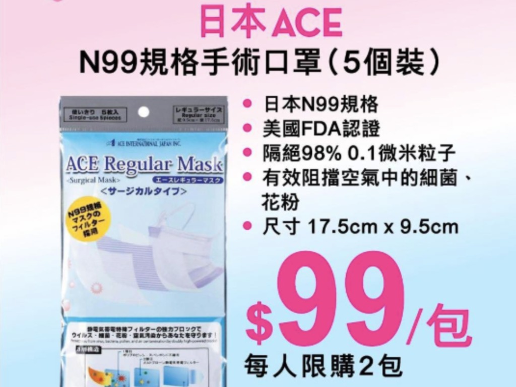 【口罩售賣】莎莎突發開賣日本 ACE N99 口罩  香港全線分店有售