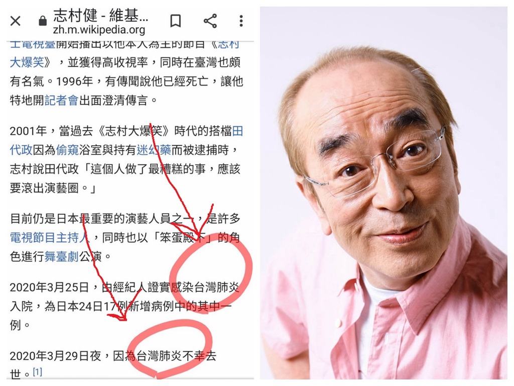 志村健新冠肺炎病逝引發「編輯戰」！維基百科被竄改死於「台灣肺炎」
