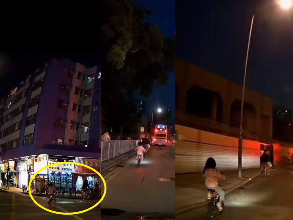 【危險勿學】爸爸帶幼女馬路邊夜踩單車  好心司機後方慢駛護幼童