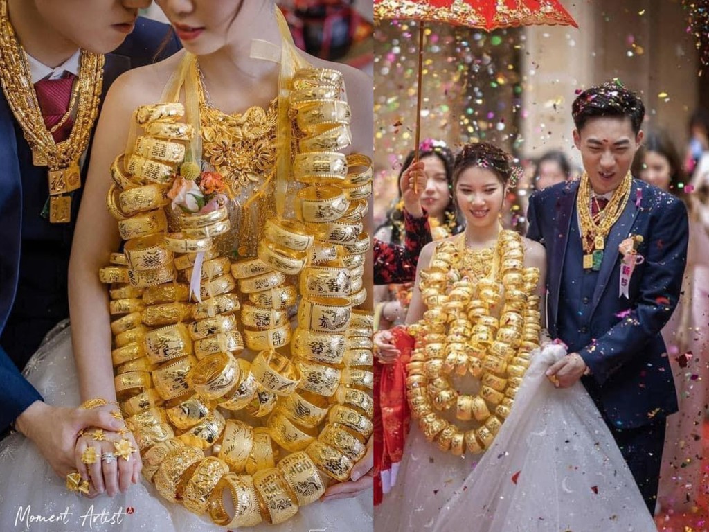 國內新娘結婚頸戴百隻龍鳳鈪  網民：嫁得好要有強壯嘅頸椎