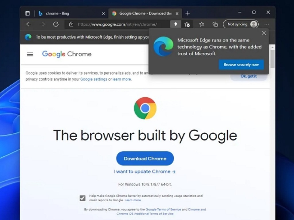 Microsoft Edge 出招阻用戶下載 Chrome！彈出警告嘲笑 Chrome 已過時！