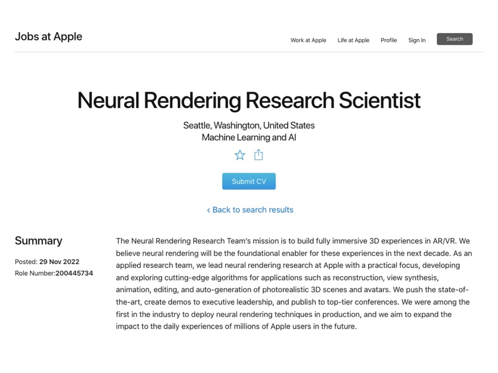 Apple 聘請神經渲染研究科學家 為 AR/VR 產品提供更佳體驗