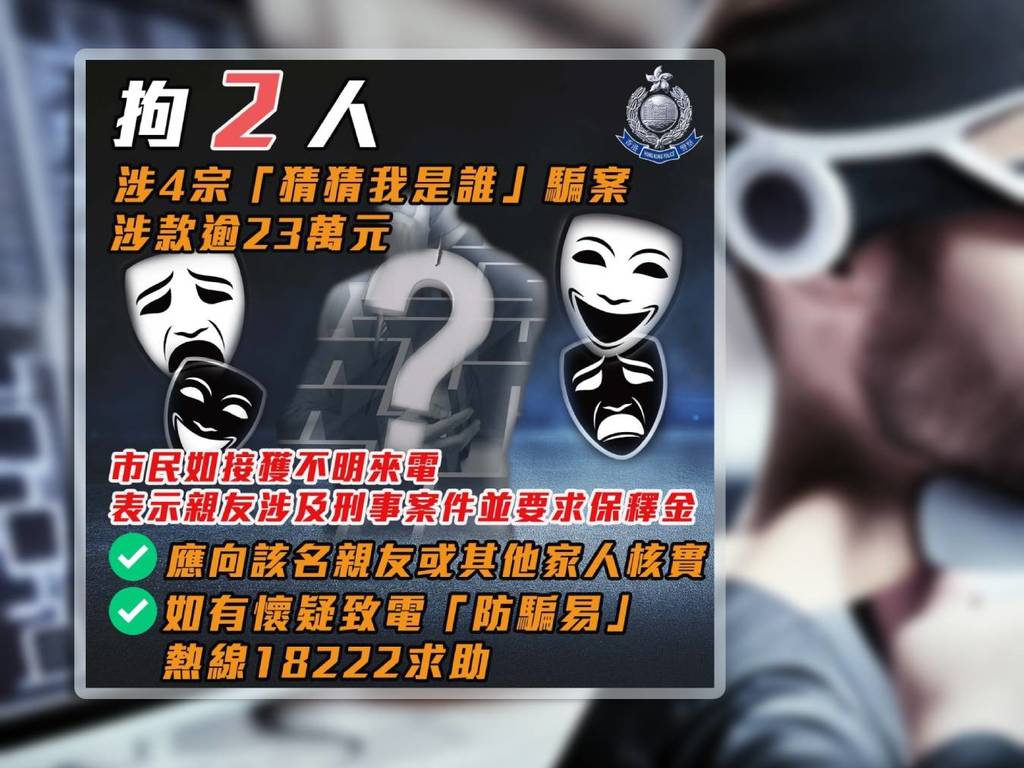 香港警方拘 2 人 涉「猜猜我是誰」電話騙案