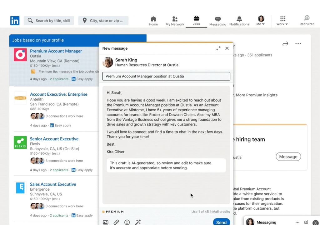 LinkedIn 試驗新 AI 功能 可代寫訊息予招聘者