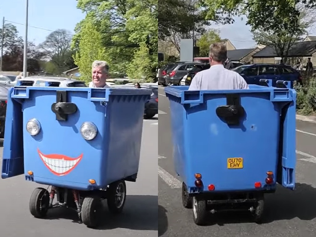 英國男子用垃圾桶自製「電動車」 內置電動馬達時速 8 英里