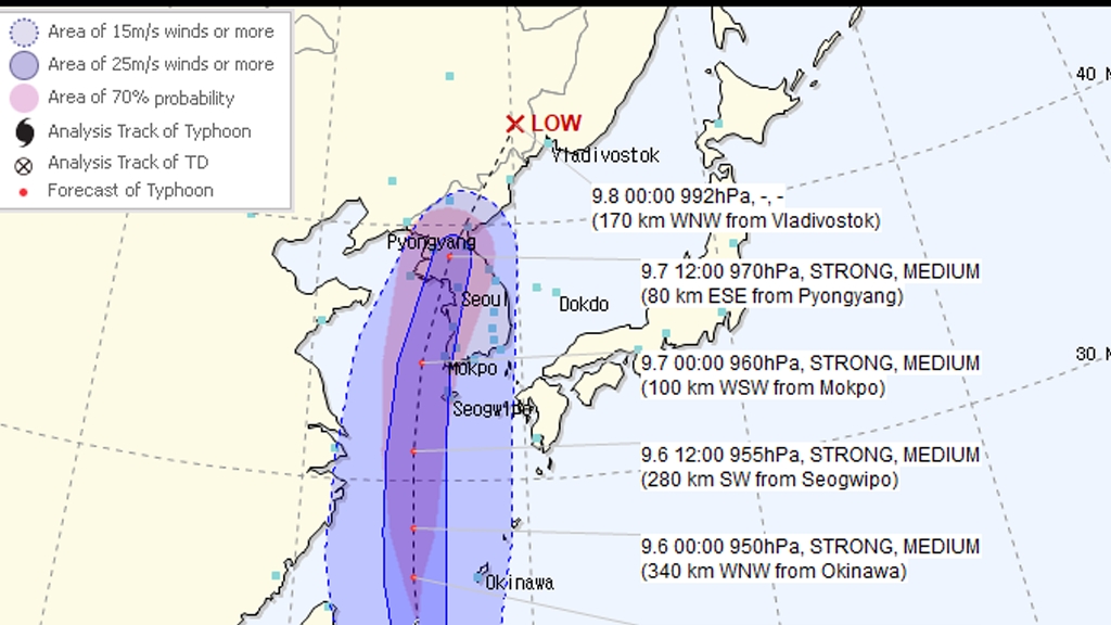 颱風「玲玲」將正面吹襲南韓