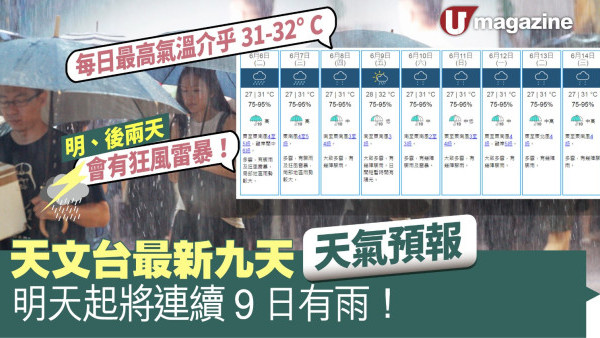 天文台最新九天天氣預報 明天起將連續9日有雨！