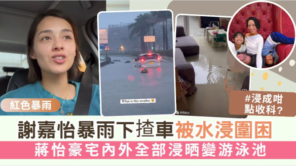 謝嘉怡暴雨下揸車被水浸圍困 蔣怡豪宅內外全部浸晒變游泳池