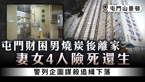 屯門財困男燒炭後離家 妻女4人險死還生 警列企圖謀殺追緝下落