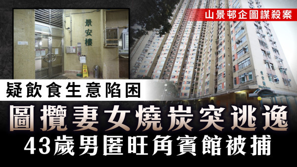 山景邨企圖謀殺案｜疑飲食生意陷困 圖攬妻女燒炭突逃逸 43歲男匿旺角賓館被捕