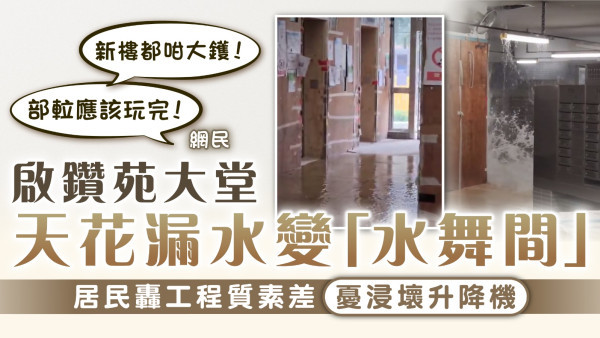居屋漏水｜啟鑽苑大堂天花漏水變「水舞間」 居民轟工程質素差憂浸壞升降機