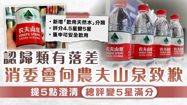 消委會農夫山泉｜認歸類有落差消委會向農夫山泉致歉 提5點澄清總評變5星滿分