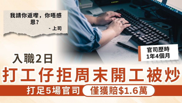 加班文化｜入職2日打工仔拒周末開工被炒 打足5場官司僅獲賠$1.6萬