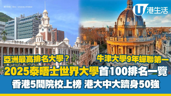 泰晤士世界大學排名2025丨最新全球頭100大學排名 香港5間院校上榜港大、中大躋身50強