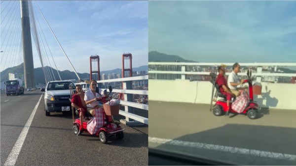 昂船洲大橋驚見電動代步車行駛！兩老漢稱試車期間誤闖！網民：港版馬里奧？