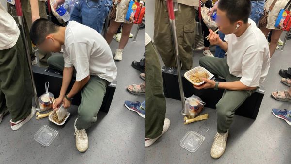 男子港鐵車廂內開餐嘆牛肉飯！包裝散落地上 網民狠批缺德！港鐵內飲食最高可罰呢個數！