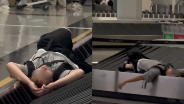 男子躺臥機場行李運輸帶！隨帶移動猶如「迴轉壽司」！網民笑言：呢件行李寄倉要加幾錢？