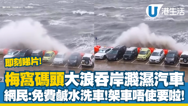 颱風韋帕｜梅窩碼頭大浪吞岸濺濕汽車 網民：免費鹹水洗車！架車唔使要啦！