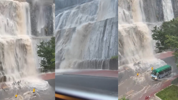 黑色暴雨｜筲箕灣驚現「黃果樹瀑布」？雨水狂湧入行人路 網民：又五百年一遇