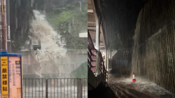 黑雨水浸｜天文台8日內四度黑雨！鰂魚涌「瀑布」奇景 排水渠狂湧雨水如山洪暴發！