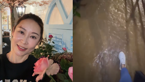 黑雨｜楊卓娜暴雨下著白波鞋腳浸泥水澤地 歸家路涉水而行：「兩架車都返唔到」