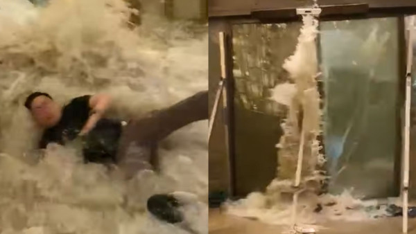 颱風樺加沙｜富麗敦海洋公園酒店海水沖爆玻璃！大堂男子被沖跌 失平衡向前衝數米