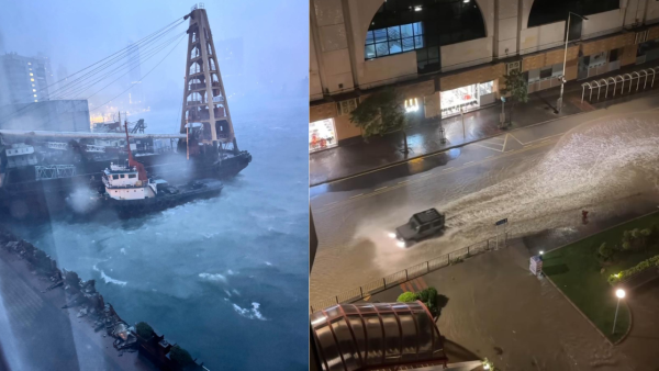 颱風樺加沙｜全港各區打風實況合集 杏花邨海水倒灌近商場 紅磡海逸疑躉船撞岸