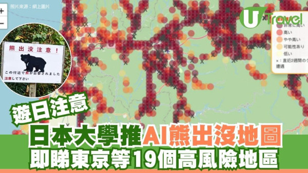 遊日注意｜日本大學推AI預測熊出沒地圖！即睇東京等19個高風險地區