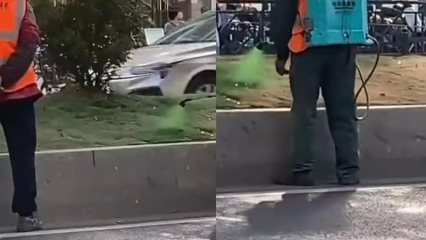 有片！廣州工人狂噴綠色液體枯草變綠有無毒？官方揭液體真身 