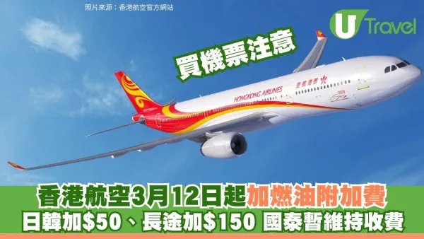 買機票注意！香港航空3月12日起上調燃油附加費 日韓加$50、長途加$150 國泰暫維持收費