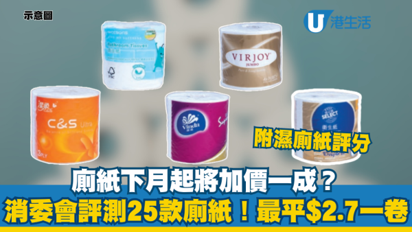 消委會廁紙評測｜廁紙4月起或加價一成！消委會25款廁紙價格大比拼：維達、潔柔奪高分每卷最平$2.7