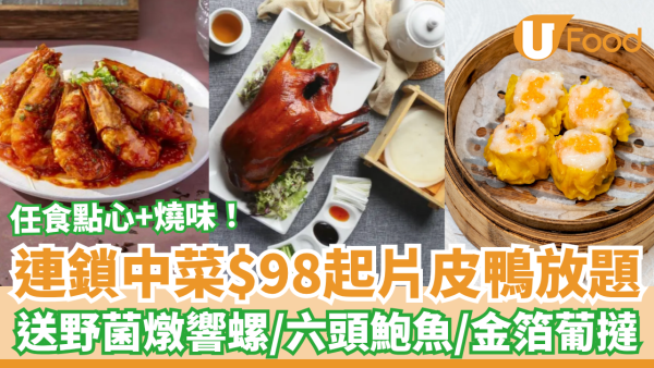 連鎖中菜雲海匯、囍慶$98起片皮鴨放題！3小時任食點心燒味／送六頭鮑魚＋野菌燉響螺 (附指定分店資料)