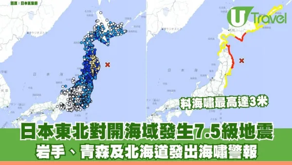 日本東北三陸沖對開海域發生7.5級地震　岩手、青森及北海道發出海嘯警報