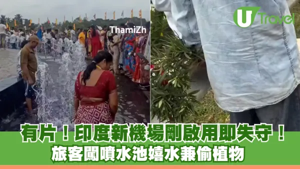 有片｜印度新機場剛啟用即失守！旅客闖噴水池嬉水兼偷植物 網民怒轟缺乏公德心