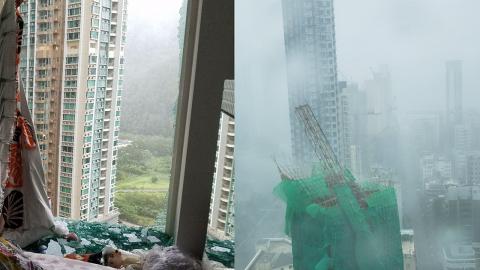 【颱風山竹】颶風級數吹襲威力強勁 寫字樓窗戶玻璃全爆地盤棚架倒塌