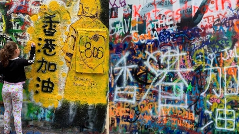 布拉格連儂牆現香港塗鴉 畫黃衣人背影大字寫香港加油