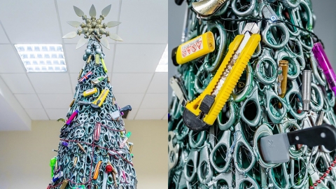 外國機場違禁品裝飾成聖誕樹 樹上掛滿子彈/打火機/鉸剪