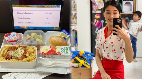 港媽家中自製Flycation止旅癮 睡衣變空姐制服！ 洗衣機變機窗神還原飛機餐 網民激讚有創意