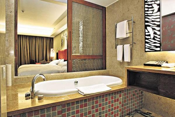 去年長隆酒店新翼開幕後,在酒店中央建了一個人工動物島,更將幾隻雪虎、白虎放入其中。 番禺長隆酒店 與虎同眠共遊