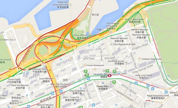 交通流量指標:綠色代表順暢、紅色代表塞車) 新版Google Map出爐 6 大實用新功能